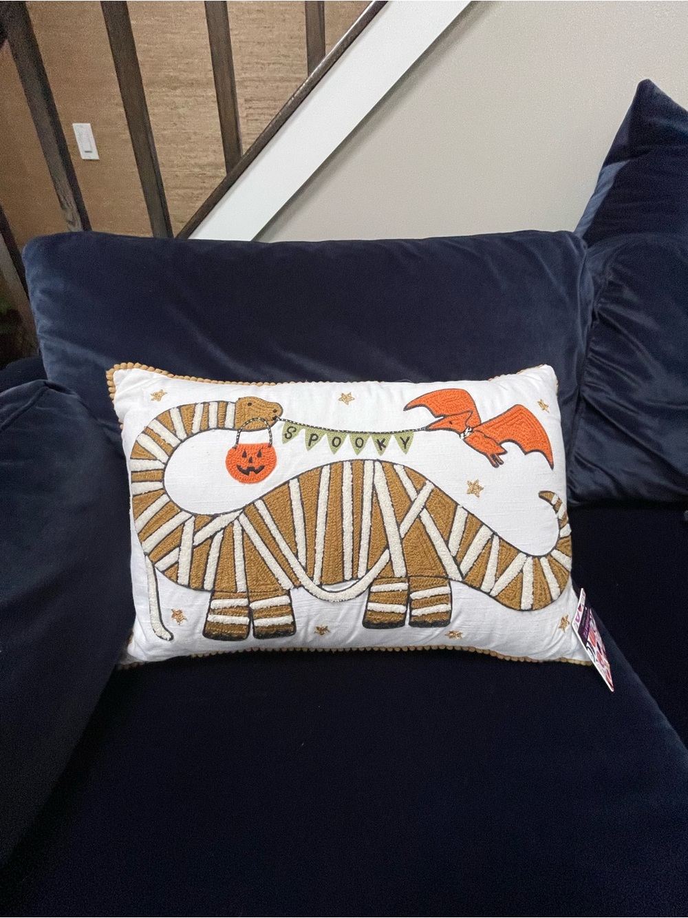Novogratz Halloween Mummy Dinosaur Embroidered Pillow 14x22 NWT